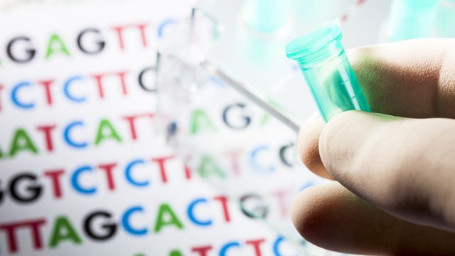 A sample tube held above a printed DNA sequence. 