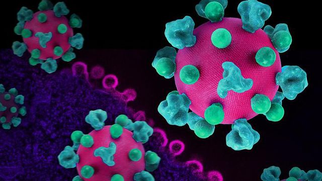Colorized 3D prints of HIV virus particles. 