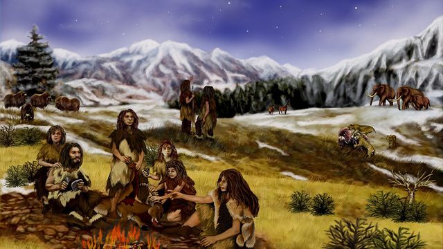 Painting of Neanderthals around a fire. 