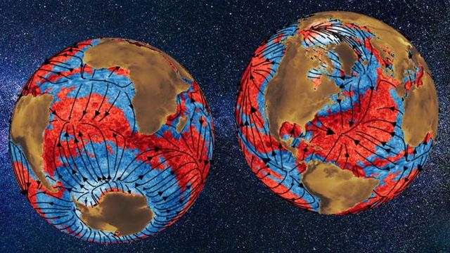 Two images of the globe, with ocean weather systems mapped in red, with arrows indicating movement. 