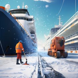 Illustration of snow and ice surrounding large ships with a workman and snow plow clearing the ground. 