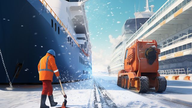 Illustration of snow and ice surrounding large ships with a workman and snow plow clearing the ground. 